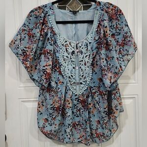 Blue Flowy Blouse With Floral Pattern Crochet Lace Neckline Women's Size Large